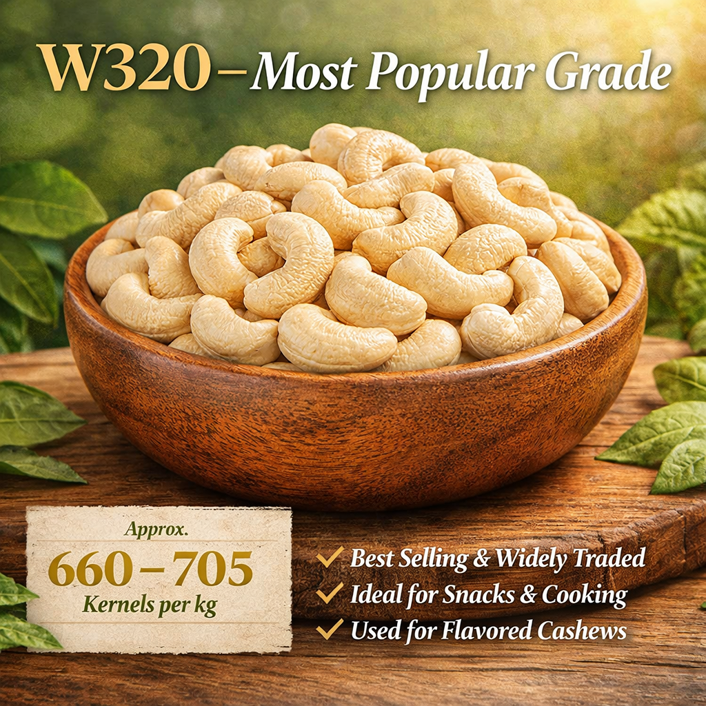 Bowl of cashews with product details on a wooden surface