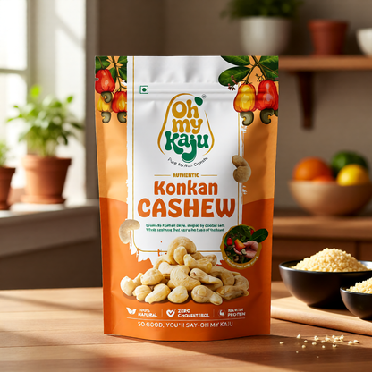 Oh my Kaju Konkan Cashew packaging on a wooden surface with a kitchen background