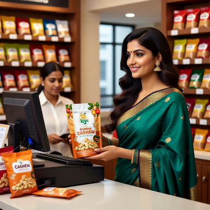 Woman in a green saree holding a packet of cashews at a store checkout.