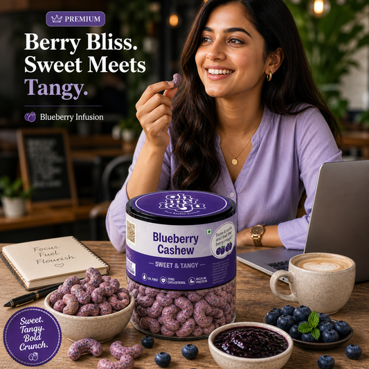 Blueberry Flavoured Cashews | Sweet & Tangy Premium Roasted Kaju | Oil-Free, Zero Cholesterol Healthy Snack | Crunchy Flavoured Dry Fruits | Protein Rich Gourmet Nuts (100g)