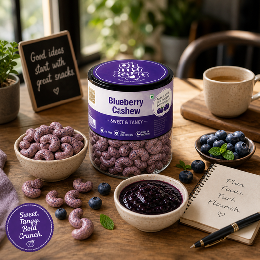 Blueberry Flavoured Cashews | Sweet & Tangy Premium Roasted Kaju | Oil-Free, Zero Cholesterol Healthy Snack | Crunchy Flavoured Dry Fruits | Protein Rich Gourmet Nuts (100g)