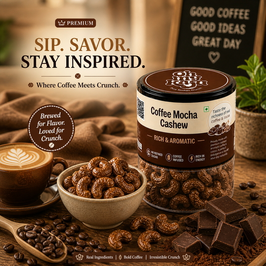 Coffee Mocha Cashews | Premium Flavoured Kaju with Coffee & Cocoa | No Refined Sugar | Crunchy & Rich Energy Snack | Gourmet Flavoured Cashew Nuts | 100% Vegetarian