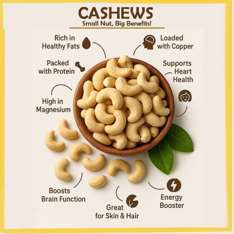 Oh My Kaju Cashews in a wooden bowl with health benefits text on a light background