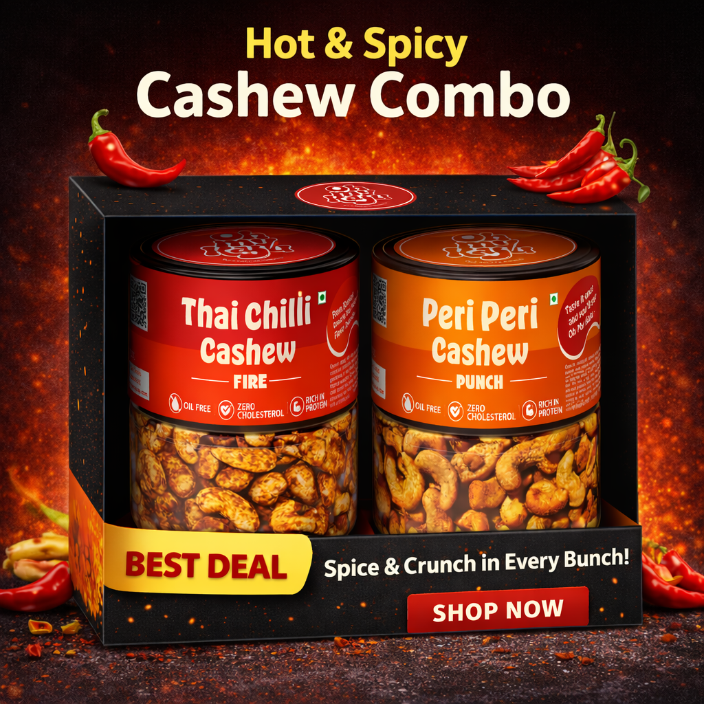 Oh My Kaju™ Hot & Spicy Cashew Combo Pack | Thai Chilli Fire + Peri Peri Punch | Premium Konkan Flavoured Kaju | Oil-Free, High Protein-100 gms each