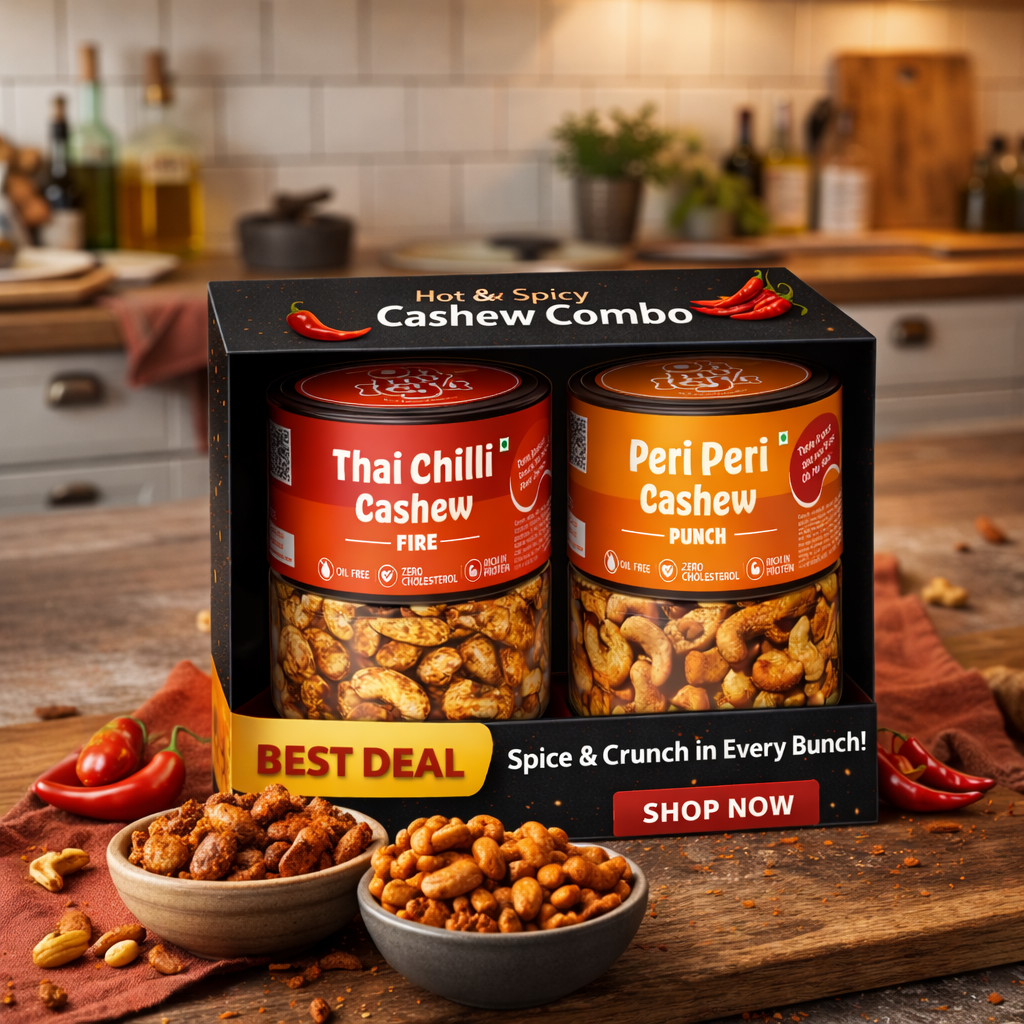 Oh My Kaju™ Hot & Spicy Cashew Combo Pack | Thai Chilli Fire + Peri Peri Punch | Premium Konkan Flavoured Kaju | Oil-Free, High Protein-100 gms each