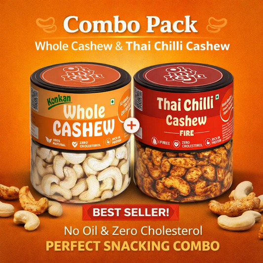 Oh My Kaju™ Premium Konkan Whole Cashew + Thai Chilli Cashew Combo Pack | 100% Natural, Zero Cholesterol, High Protein Snack-100 gms each