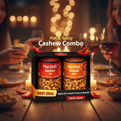 Oh My Kaju™ Hot & Spicy Cashew Combo Pack | Thai Chilli Fire + Peri Peri Punch | Premium Konkan Flavoured Kaju | Oil-Free, High Protein-100 gms each