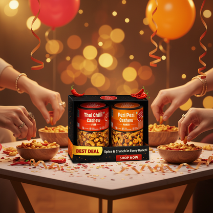 Table with cashew snacks and a box of 'Best Deal' cashew nuts, surrounded by people and festive decorations.