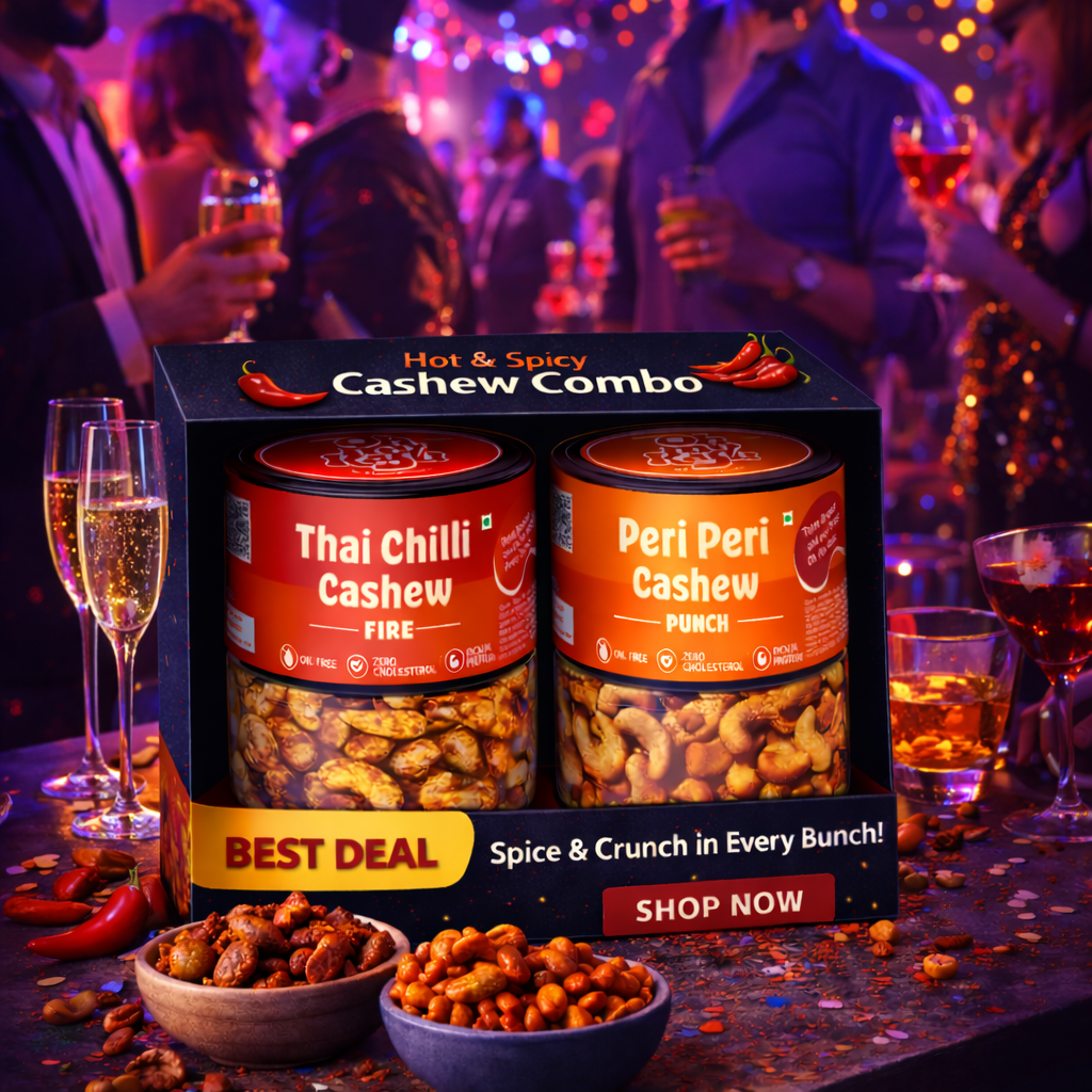 Oh My Kaju™ Hot & Spicy Cashew Combo Pack | Thai Chilli Fire + Peri Peri Punch | Premium Konkan Flavoured Kaju | Oil-Free, High Protein-100 gms each