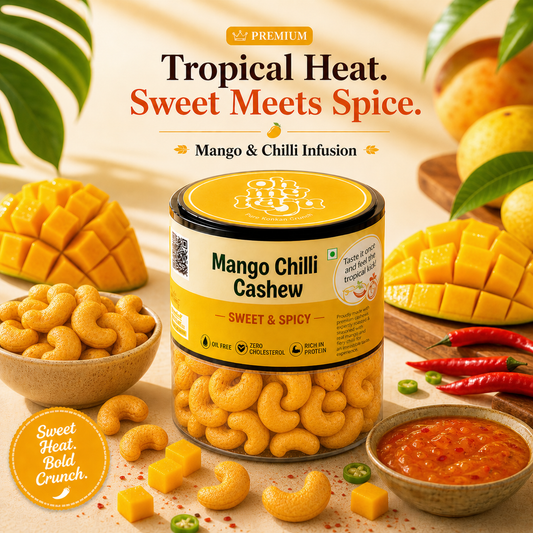 Mango Chilli Flavoured Cashews | Sweet & Spicy Premium Roasted Kaju | Oil Free, Zero Cholesterol, High Protein Snack | Healthy Gourmet Nuts 100 gms