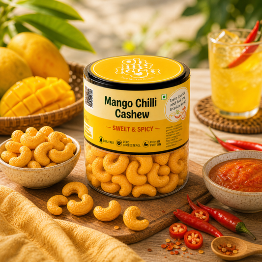 Mango Chilli Flavoured Cashews | Sweet & Spicy Premium Roasted Kaju | Oil Free, Zero Cholesterol, High Protein Snack | Healthy Gourmet Nuts 100 gms