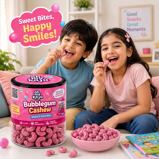 Oh My Kaju Bubblegum Flavour Cashews | Sweet & Crunchy Kids Snack | Premium Roasted Cashew Nuts | Oil Free | Zero Cholesterol | Fun Party Snack