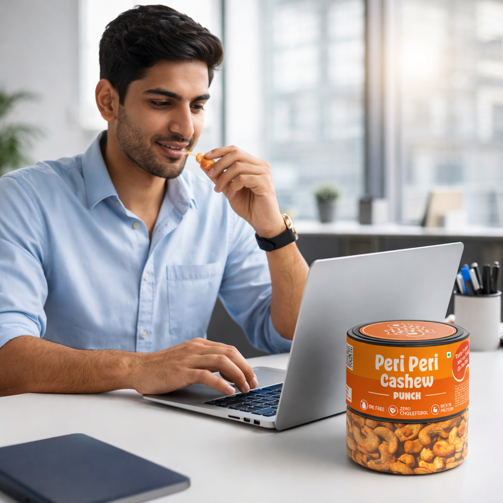 Man eating Peri Peri Cashew Punch while using a laptop at a desk.