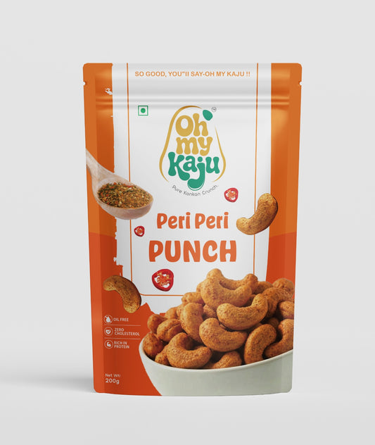 Packaging of Oh My Kaju Peri Peri Punch cashews on a white background