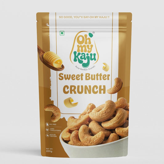 Packaging of Oh my Kaju Sweet Butter Crunch cashew nuts on a white background