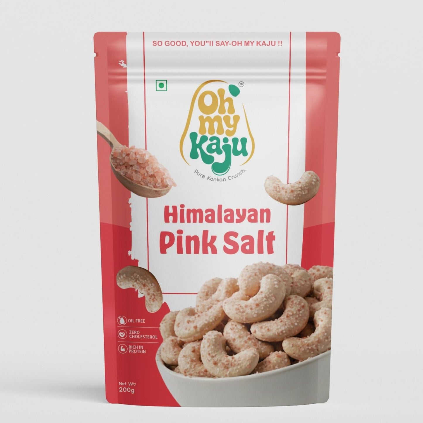 Packaging of Oh my Kaju Himalayan Pink Salt cashews on a white background