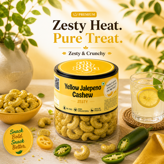 Yellow Jalapeno Flavoured Cashews | Zesty & Crunchy Premium Kaju | Oil Free, Zero Cholesterol, High Protein Snack | Healthy Spicy Nut Snack | Gourmet Roasted Cashew Nuts Jar 100 gms