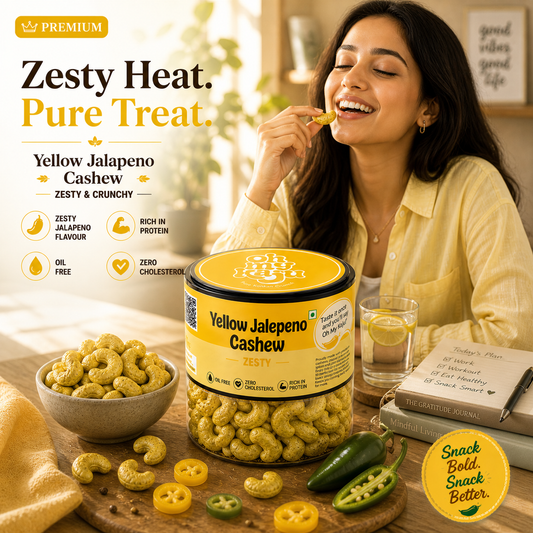 Yellow Jalapeno Flavoured Cashews | Zesty & Crunchy Premium Kaju | Oil Free, Zero Cholesterol, High Protein Snack | Healthy Spicy Nut Snack | Gourmet Roasted Cashew Nuts Jar 100 gms