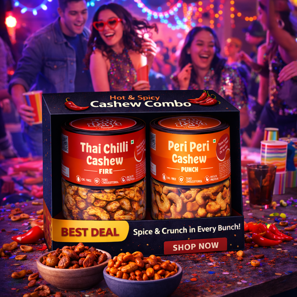 Oh My Kaju™ Hot & Spicy Cashew Combo Pack | Thai Chilli Fire + Peri Peri Punch | Premium Konkan Flavoured Kaju | Oil-Free, High Protein-100 gms each