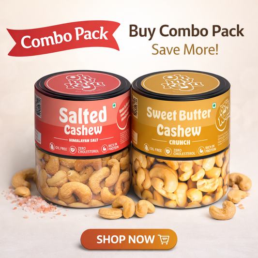Two cans of cashews with labels for salted and sweet butter cashews, accompanied by promotional text and a 'Shop Now' button.