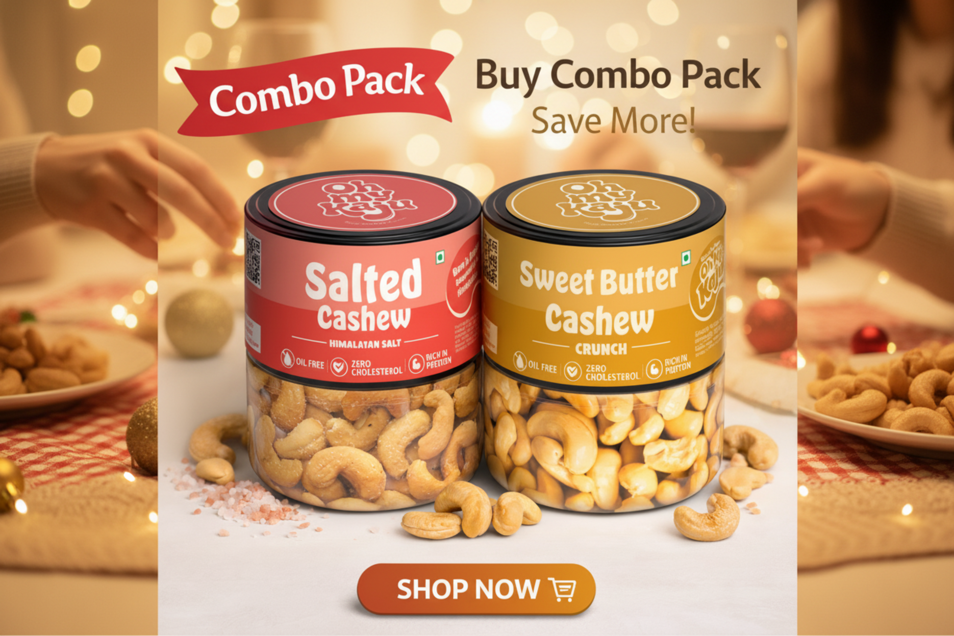 Two jars of cashews with 'Salted Cashew' and 'Sweet Butter Cashew' labels on a festive background.