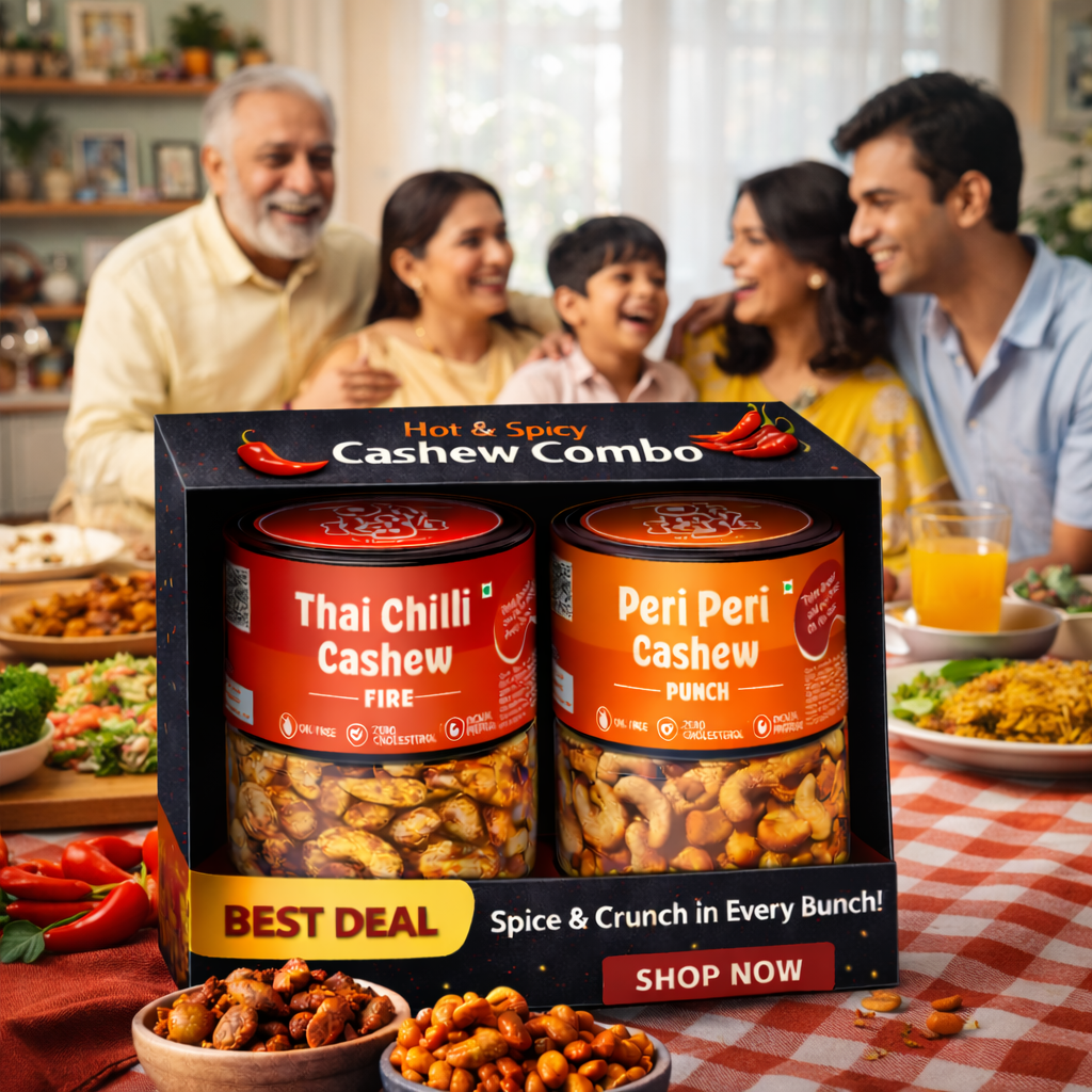 Oh My Kaju™ Hot & Spicy Cashew Combo Pack | Thai Chilli Fire + Peri Peri Punch | Premium Konkan Flavoured Kaju | Oil-Free, High Protein-100 gms each