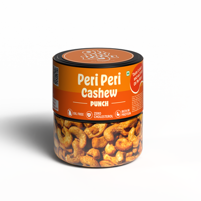 Jar of Peri Peri Cashew Punch with an orange label on a white background