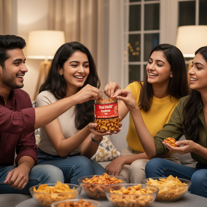 Group of friends sharing snacks from a jar in a cozy indoor setting.