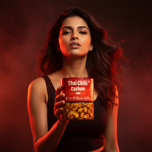 Woman holding a box of Thai Chilli Cashew against a red background