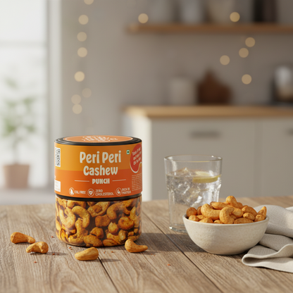 Peri Peri Cashew Punch container on a wooden table with cashews and a glass of water.