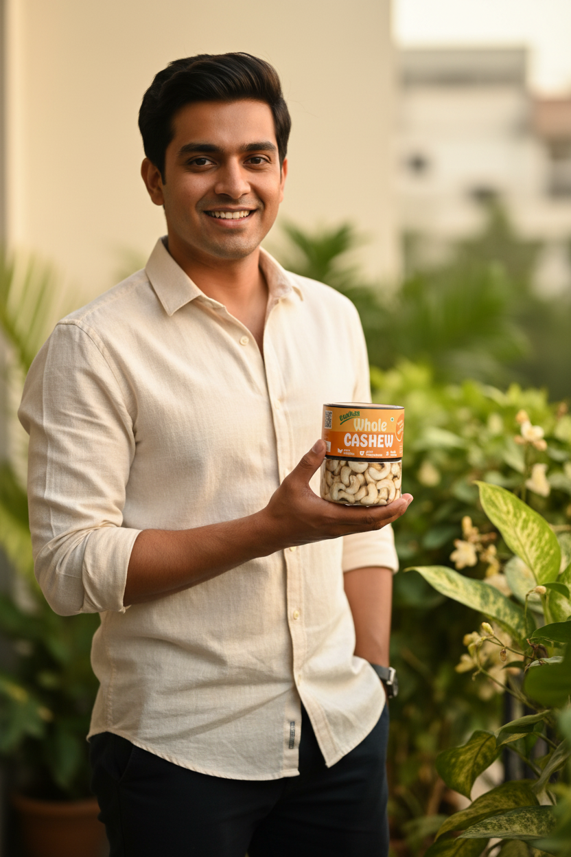 Jar of Konkan Whole Cashew nuts on a white background