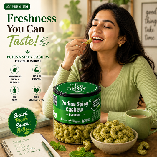 Pudina Spicy Cashew Nuts | Mint Flavoured Premium Cashews | Healthy Roasted Snack | Oil Free, Zero Cholesterol, High Protein | Crunchy & Refreshing Kaju | 100 gms