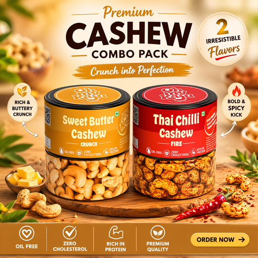 Oh My Kaju™ Cashew Combo Pack (Sweet Butter Crunch + Thai Chilli Fire) | Oil-Free, High Protein, Gourmet Flavoured Cashews-100 gms each