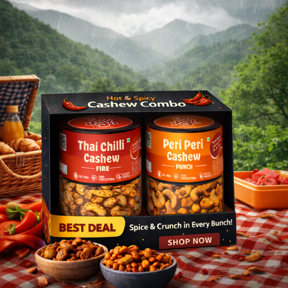 Oh My Kaju™ Hot & Spicy Cashew Combo Pack | Thai Chilli Fire + Peri Peri Punch | Premium Konkan Flavoured Kaju | Oil-Free, High Protein-100 gms each