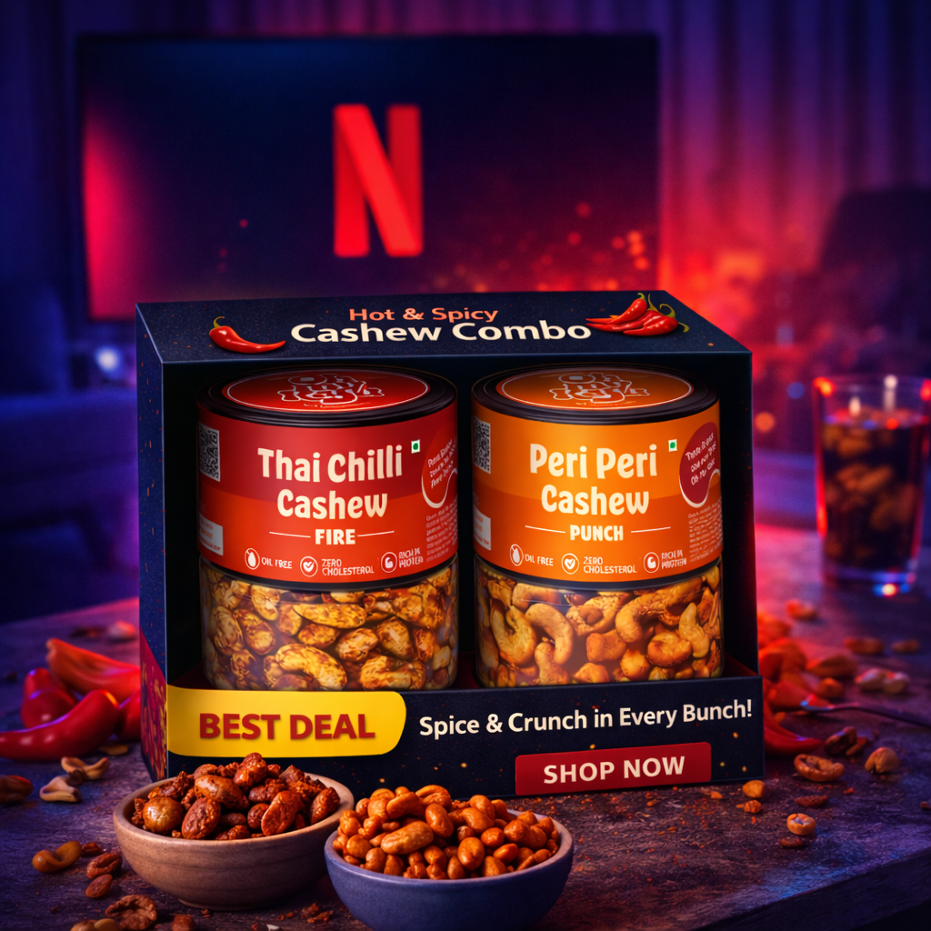 Oh My Kaju™ Hot & Spicy Cashew Combo Pack | Thai Chilli Fire + Peri Peri Punch | Premium Konkan Flavoured Kaju | Oil-Free, High Protein-100 gms each