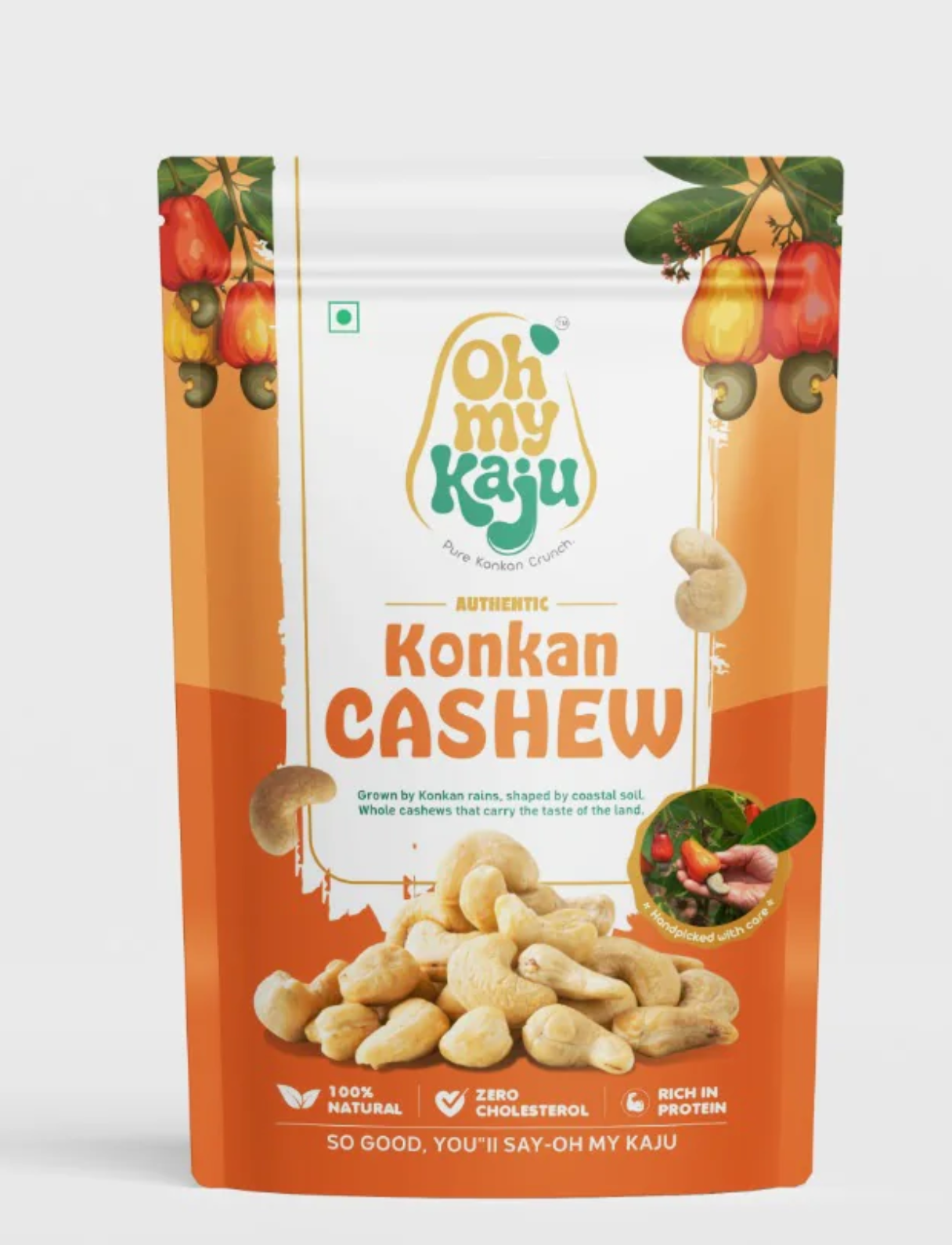 Konkan Cashew packaging with 'Oh My Kaju' branding on a white background