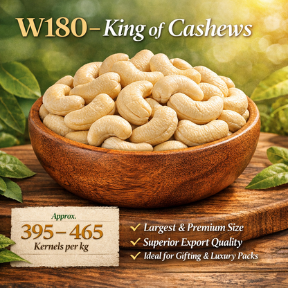 Wooden bowl filled with cashews with a label detailing product information on a wooden surface with greenery.