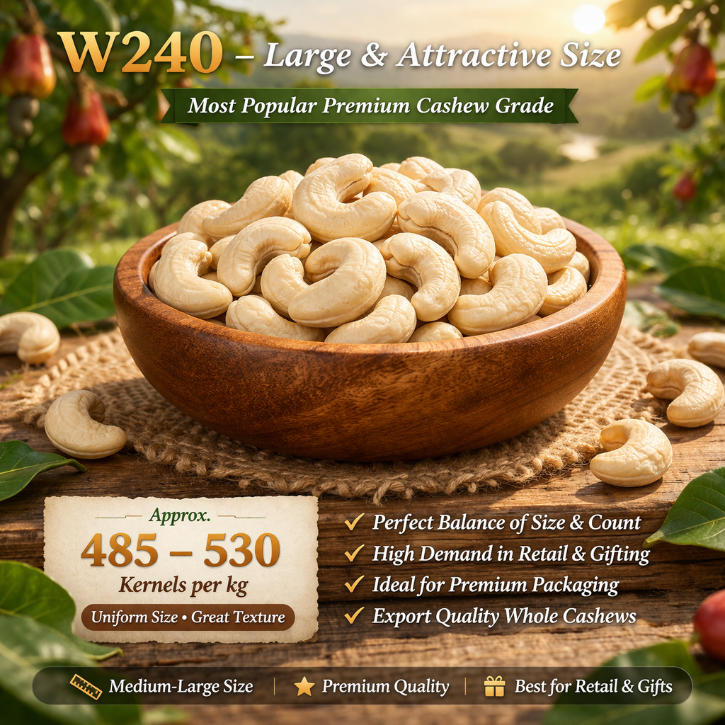 Wooden bowl filled with cashews on a natural background with text about cashew quality and size.