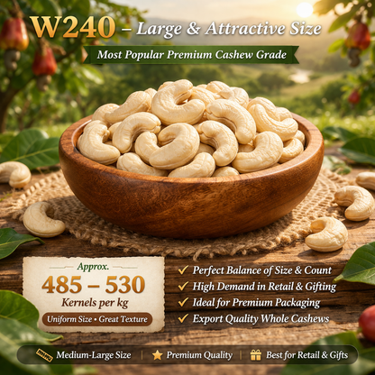 Wooden bowl filled with cashews on a natural background with text about cashew quality and size.
