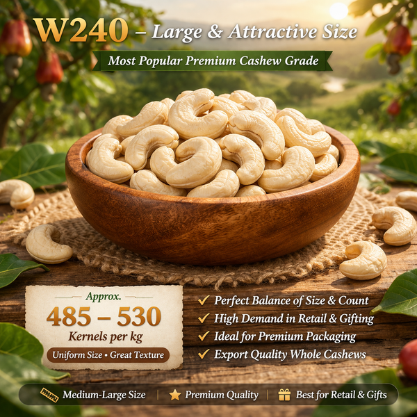 Wooden bowl filled with cashews on a natural background with text about cashew quality and size.